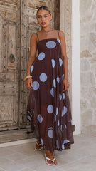 Melinda Mesh Maxi Dress - Brown / Blue Polka Dot