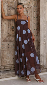 Melinda Mesh Maxi Dress - Brown / Blue Polka Dot