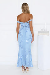 Lush Bloom Embroidered Off Shoulder Maxi Dress Blue