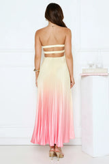 Melting Sunset Satin Strapless Maxi Dress Yellow